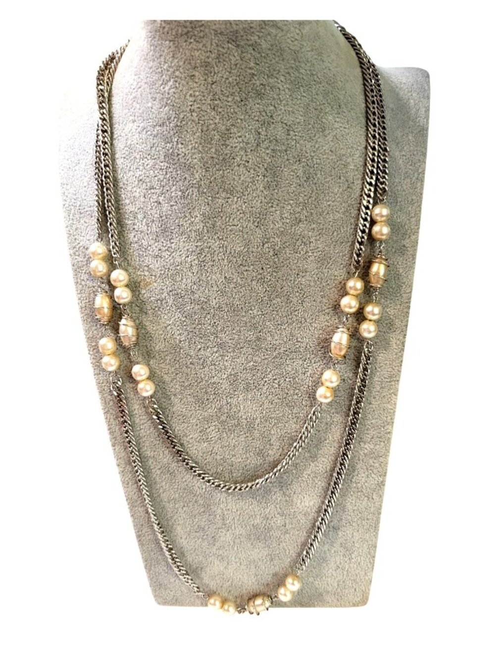 Vintage Sarah Coventry necklace wire wrapped faux pearl silver tone 27" Long